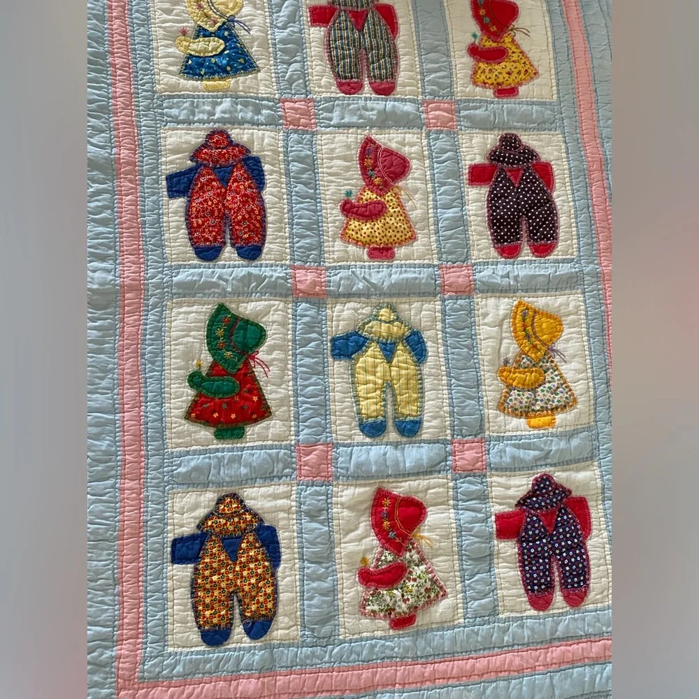 Handmade 49”/34” Crib Sunbonnet Quilt & Throw Pillow